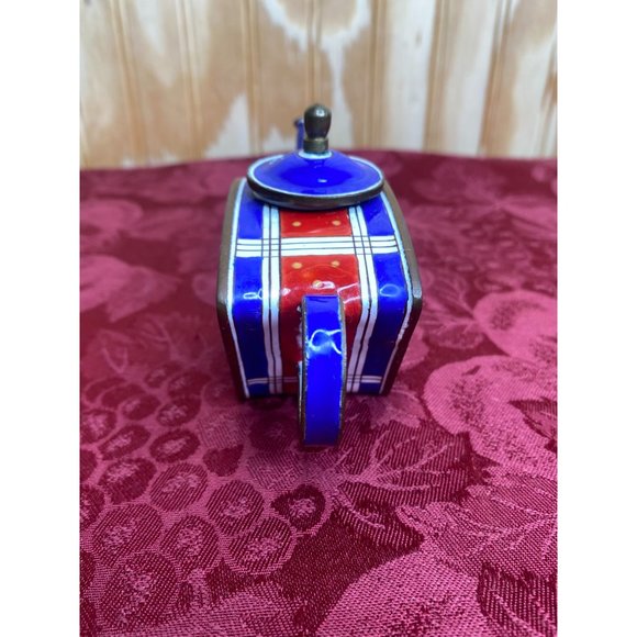 Vintage Kelvin Chen Miniature Teapot Beach Coastline Scene Blue Red Plaid Accent - Picture 2 of 7